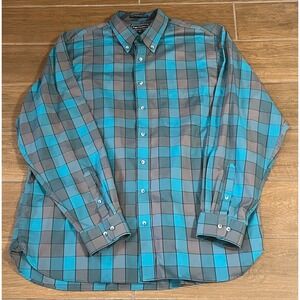 Paul Fredrick Mens XLT Easy Care Cotton Button Down Shirt Turquoise Grey Plaid